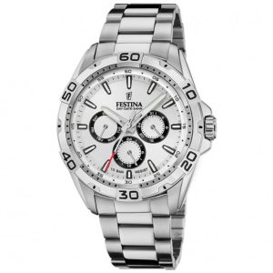 Orologio Festina F20623/1 Uomo Multifunzione, Day-Date, Quadrante Bianco, Bracciale Acciaio 10 ATM