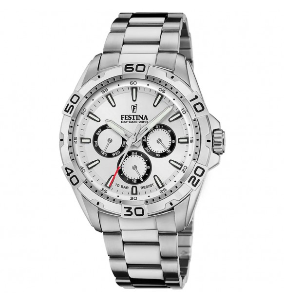 Orologio Festina F20623/1 Uomo Multifunzione, Day-Date, Quadrante Bianco, Bracciale Acciaio 10 ATM
