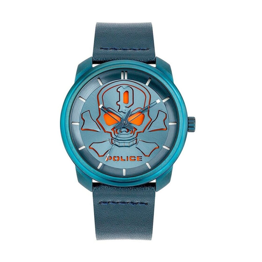 Orologio Uomo Police PL15714JSBL.03 Teschio Arancione e Blu | Pelle Blu Scuro