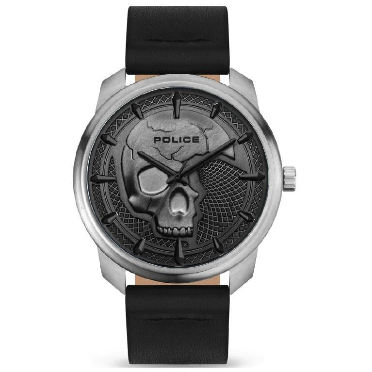 Orologio Uomo Police PL15714JS.61 Teschio 3D Grigio | Pelle Nera e Dettagli Borchie
