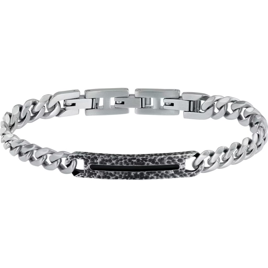 Bracciale Uomo Sector Maglia Cubana in Acciaio con Placca Centrale Martellata e Brunita