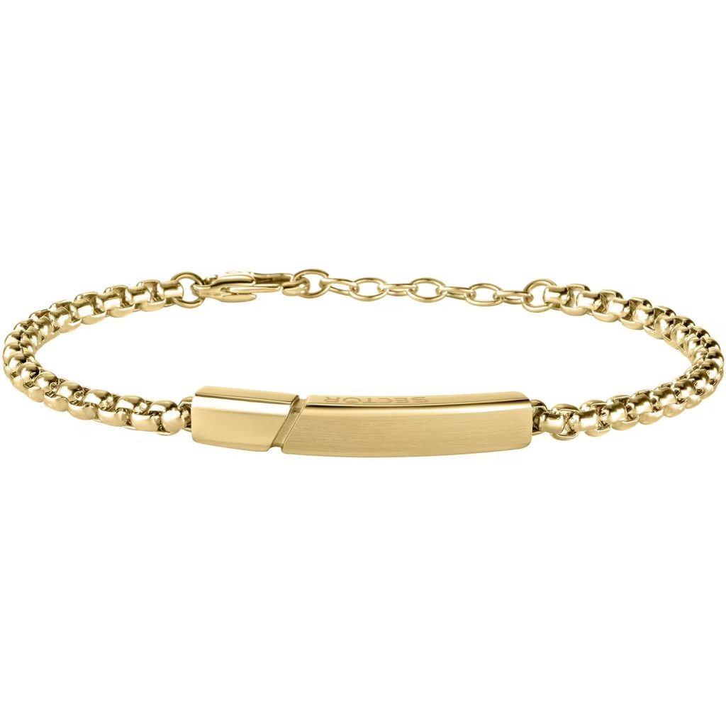 Bracciale Uomo Sector con Placca Sottile e Maglia Rolò in Acciaio Dorato