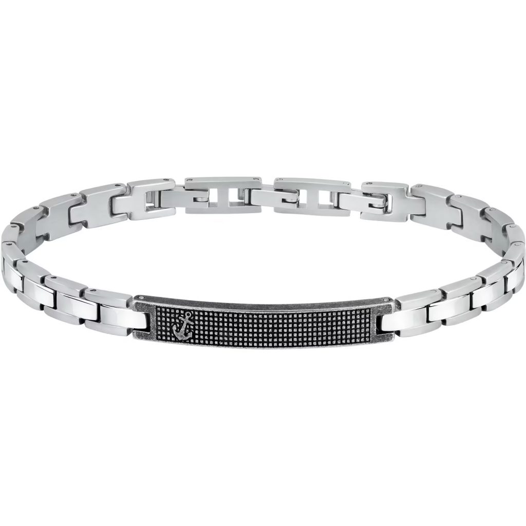 Bracciale Uomo Sector Maglia a Piastrine Acciaio e Placca con Inserti Neri e Simbolo Ancora